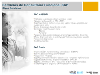 Servicios de Consultoría Funcional SAP
Otros Servicios

                  SAP Upgrade

                  •Análisis de necesidades ante un cambio de versión
                  •Apoyo en la elaboración de RFIs y RFPs
                  •Soporte puntual de ciertos recursos para agilizar trabajosy desbloquear
                  situaciones de crisis
                  •Diseño de estrategia de cambio de versión
                  •Cambio de versión llaves en mano:
                         •Técnico
                         •Funcional
                  •Adaptación de nuestra metodología propietaria para cambios de versión
                  •Oficina de proyecto para el control y supervisión de proyectos de upgrade
                  •Reingeniería de procesos
                  •Gestión del cambio




                  SAP Basis
                  •Implementación, mantenimiento y administración de ERP’s
                  •Estudios de diagnóstico y recomendación
                  •Adaptaciones y mejoras
                  •Soporte post-implementación a las soluciones y proyectos implementados
                  •Capacitación funcional y de parametrización en SAP ERP
                  •Soporte Administración 24 x 7 o acuerdos de Servicios Customizados.
                  •Gestión Integral de Seguridad y Administración de Perfiles
 