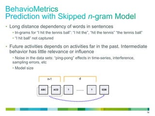 14
•  Long distance dependency of words in sentences
• tri-grams for “I hit the tennis ball”: “I hit the”, “hit the tennis” “the tennis ball”
• “I hit ball” not captured
•  Future activities depends on activities far in the past. Intermediate
behavior has little relevance or influence
• Noise in the data sets: “ping-pong” effects in time-series, interference,
sampling errors, etc
• Model size
 