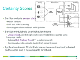 22
Inference
ModelingPreprocessingSensing
Feature
Construction
Behavior Text
Generation
N-gram
Model
Classifier
Binary
Classifier
Threshold
User
Authentication
User
Classification
•  SenSec collects sensor data
• Motion sensors
• GPS and WiFi Scanning
• In-use applications and their traffic patterns
•  SenSec modulebuild user behavior models
• Unsupervised Activity Segmentation and model the sequence using
Language model
• Building Risk Analysis Tree (DT) to detect anomaly
• Combine above to estimate risk (online): certainty score
•  Application Access Control Module activate authentication based
on the score and a customizable threshold.
 