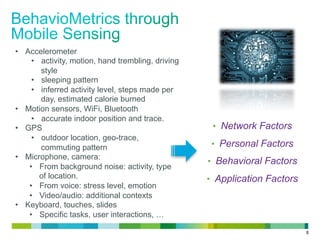8
•  Network Factors
•  Personal Factors
•  Behavioral Factors
•  Application Factors
•  Accelerometer
•  activity, motion, hand trembling, driving
style
•  sleeping pattern
•  inferred activity level, steps made per
day, estimated calorie burned
•  Motion sensors, WiFi, Bluetooth
•  accurate indoor position and trace.
•  GPS
•  outdoor location, geo-trace,
commuting pattern
•  Microphone, camera:
•  From background noise: activity, type
of location.
•  From voice: stress level, emotion
•  Video/audio: additional contexts
•  Keyboard, touches, slides
•  Specific tasks, user interactions, …
 