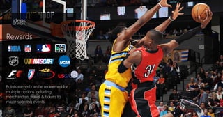 Rewards.
Points earned can be redeemed for
multiple options including
merchandise, travel & tickets to
major sporting events.
 