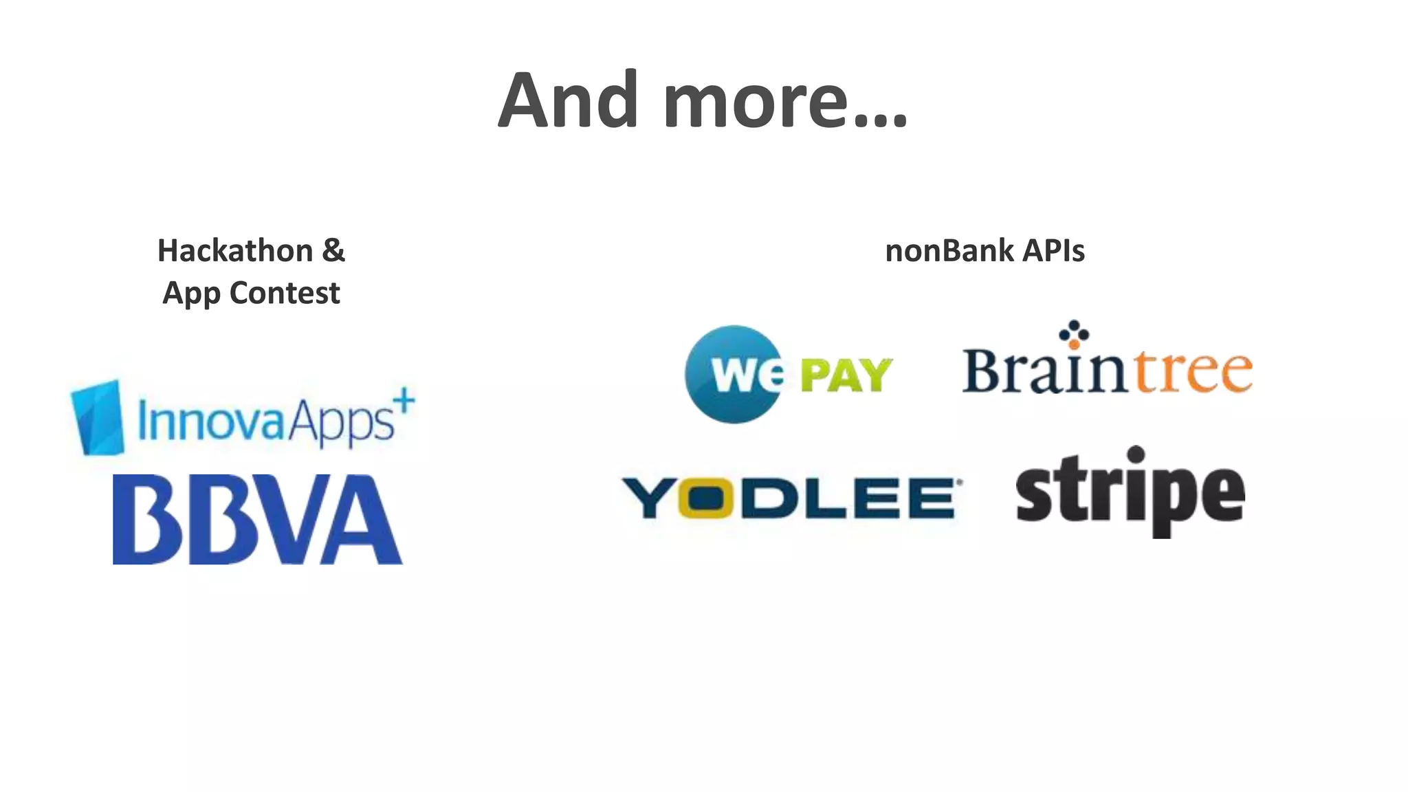And more…
Hackathon &
App Contest
nonBank APIs