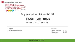 Programmazione di Sistemi di IoT
SENSE EMOTIONS
SHIMMER & GSR SENSOR
Docente
Prof. Giancarlo Fortino
Studenti:
Enrico Ubaldino 207017
Matteo Aloi 207052
Anno accademico 2019/2020
 