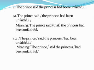 4. Theprincesaidtheprincess hadbeenunfaithful.
4a. Theprincesaid/theprincess had been
unfaithful./
Meaning: The princesaid (that) theprincess had
beenunfaithful.
4b. /Theprince /saidtheprincess/had been
unfaithful./
Meaning:"Theprince,"saidtheprincess,"had
beenunfaithful."
 