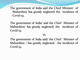 The government of India said the Chief Minister of
Maharshtra has grossly neglected the incidence of
Covid-19.
The government of India/ said the Chief Minister of
Maharshtra/ has grossly neglected/ the incidence of
Covid-19.
Vs
The government of India said/ the Chief Minister of
Maharshtra / has grossly neglected/ the incidence of
Covid-19.
 