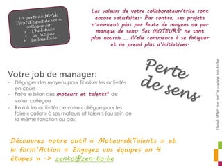 Les valeurs de votre collaborateur/trice sont
encore satisfaites. Par contre, ses projets
n’avancent plus par faute de moyens ou par
manque de sens. Ses MOTEURS* ne sont
plus nourris … il/elle commence à se fatiguer
et ne prend plus d’initiatives.
- Dégager des moyens pour finaliser les activités
en-cours
- Faire le bilan des moteurs et talents* de
votre collègue
- Revoir les activités de votre collègue pour les
faire « coller » à ses moteurs et talents (au sein de
la même fonction ou pas)
Découvrez notre outil « Moteurs&Talents » et
la form’Action « Engagez vos équipes en 4
étapes » -> zento@zen-to.be
Ebookoffertparzen’to–www.zen-to.be
 