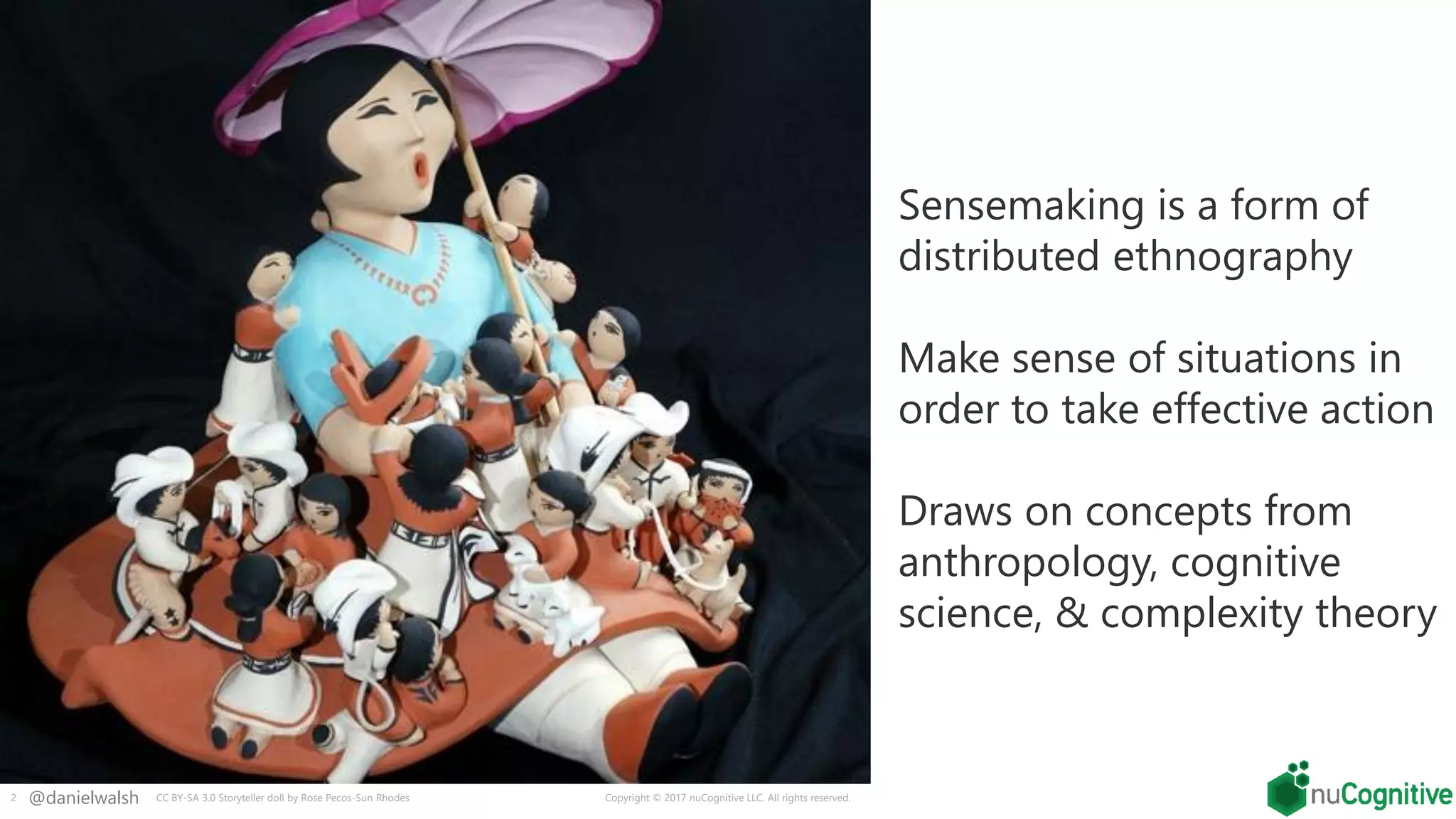 @danielwalsh Copyright © 2017 nuCognitive LLC. All rights reserved.2 CC BY-SA 3.0 Storyteller doll by Rose Pecos-Sun Rhodes
Sensemaking is a form of
distributed ethnography
Make sense of situations in
order to take effective action
Draws on concepts from
anthropology, cognitive
science, & complexity theory
 