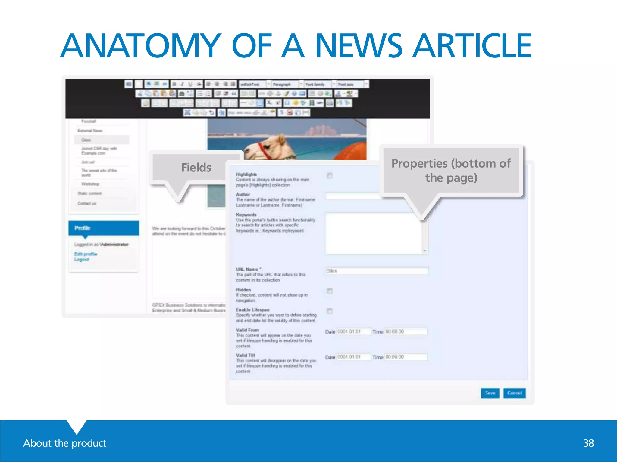 About the product 38
ANATOMY OF A NEWS ARTICLE
Fields Properties (bottom of
the page)
 