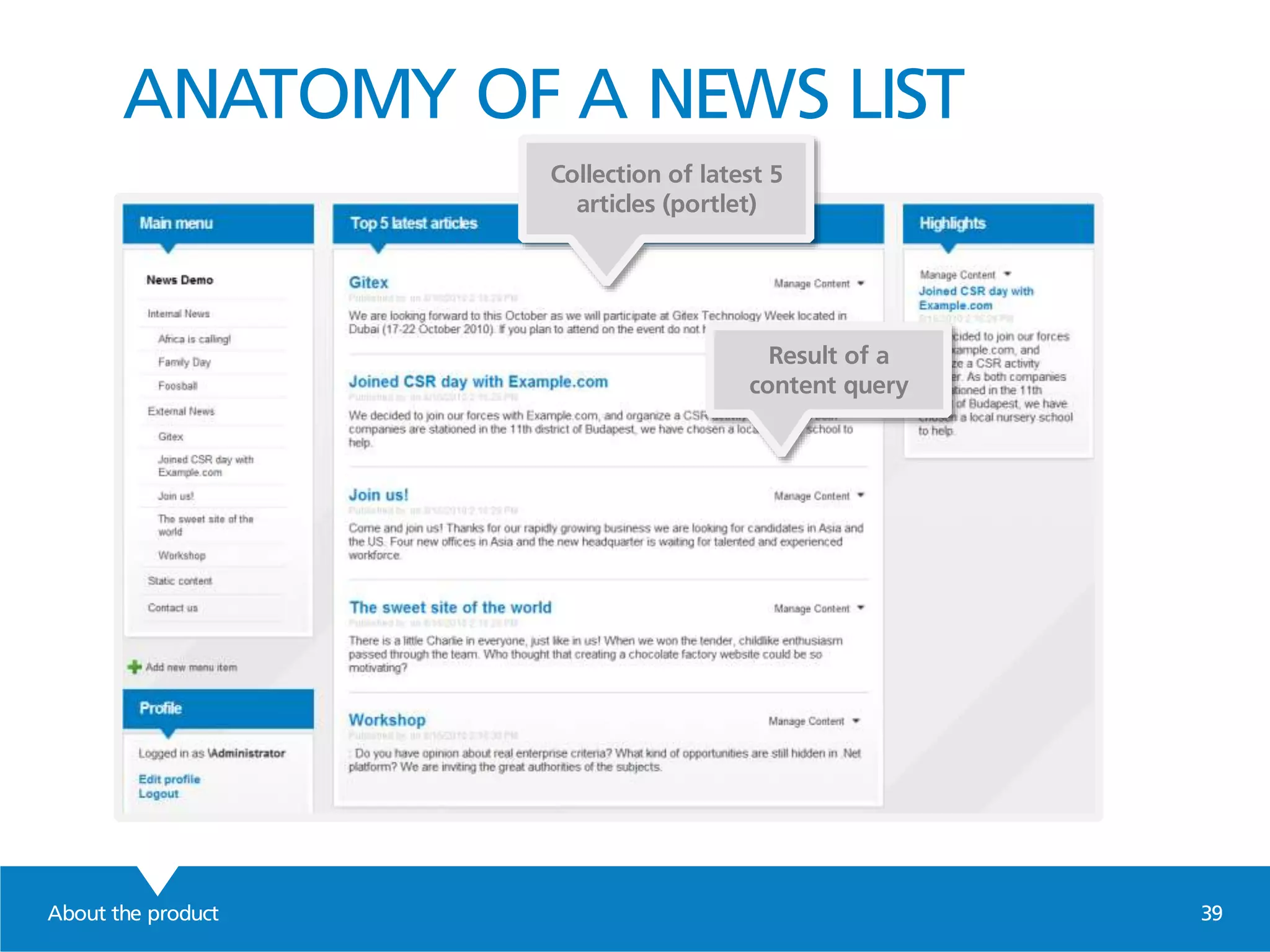 About the product 39
ANATOMY OF A NEWS LIST
Collection of latest 5
articles (portlet)
Result of a
content query
 