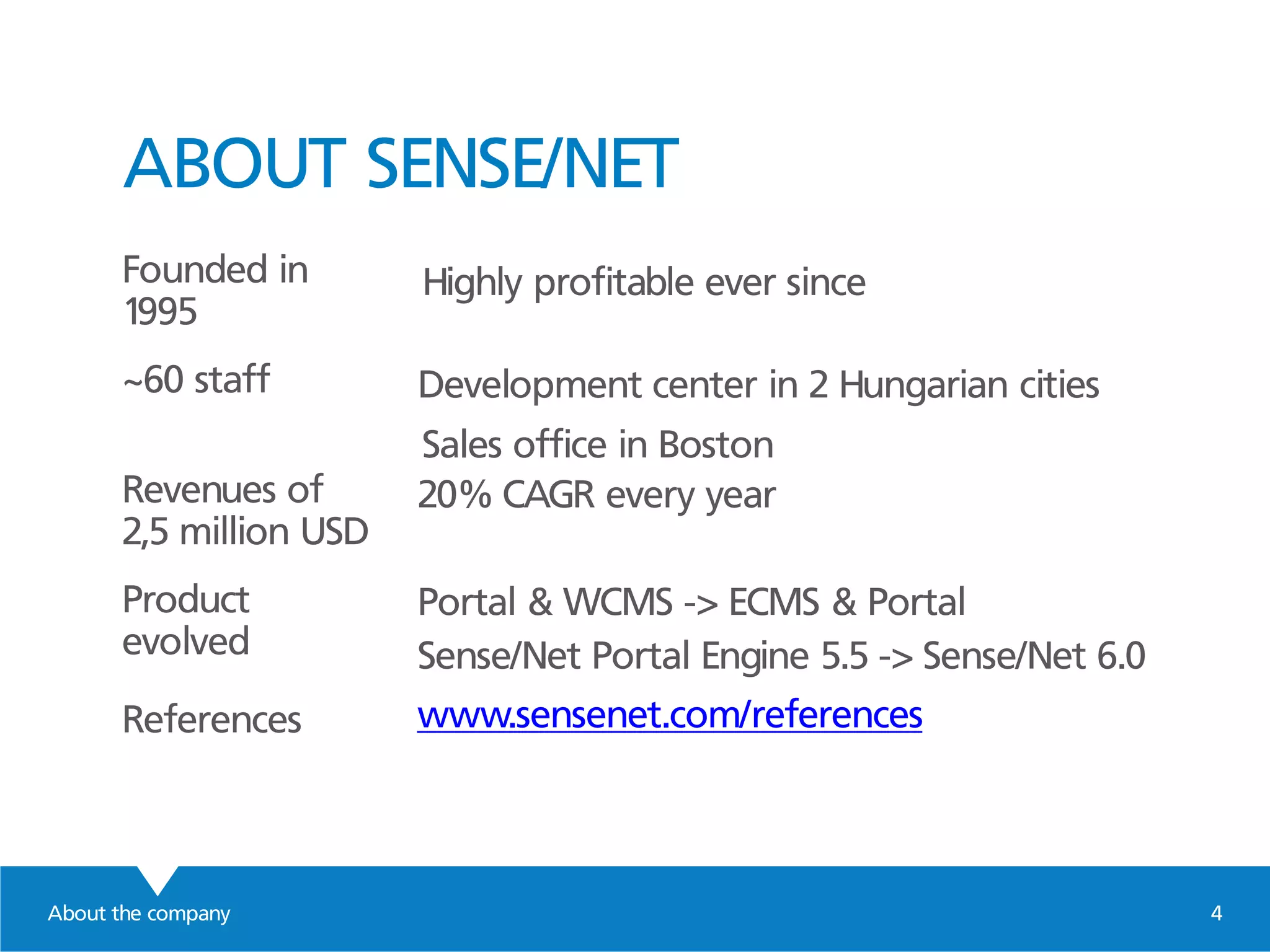 ABOUT SENSE/NET
About the company 4
Founded in
1995
Highly profitable ever since
~60 staff Development center in 2 Hungarian cities
Sales office in Boston
Revenues of
2,5 million USD
20% CAGR every year
Product
evolved
Portal & WCMS -> ECMS & Portal
Sense/Net Portal Engine 5.5 -> Sense/Net 6.0
References www.sensenet.com/references
 