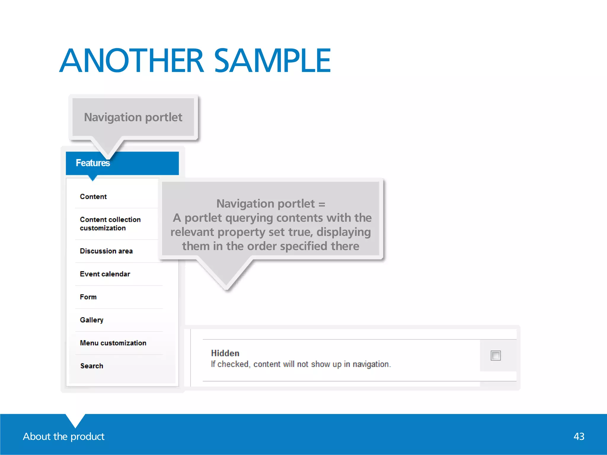 ANOTHER SAMPLE
About the product 43
Navigation portlet
Navigation portlet =
A portlet querying contents with the
relevant property set true, displaying
them in the order specified there
 