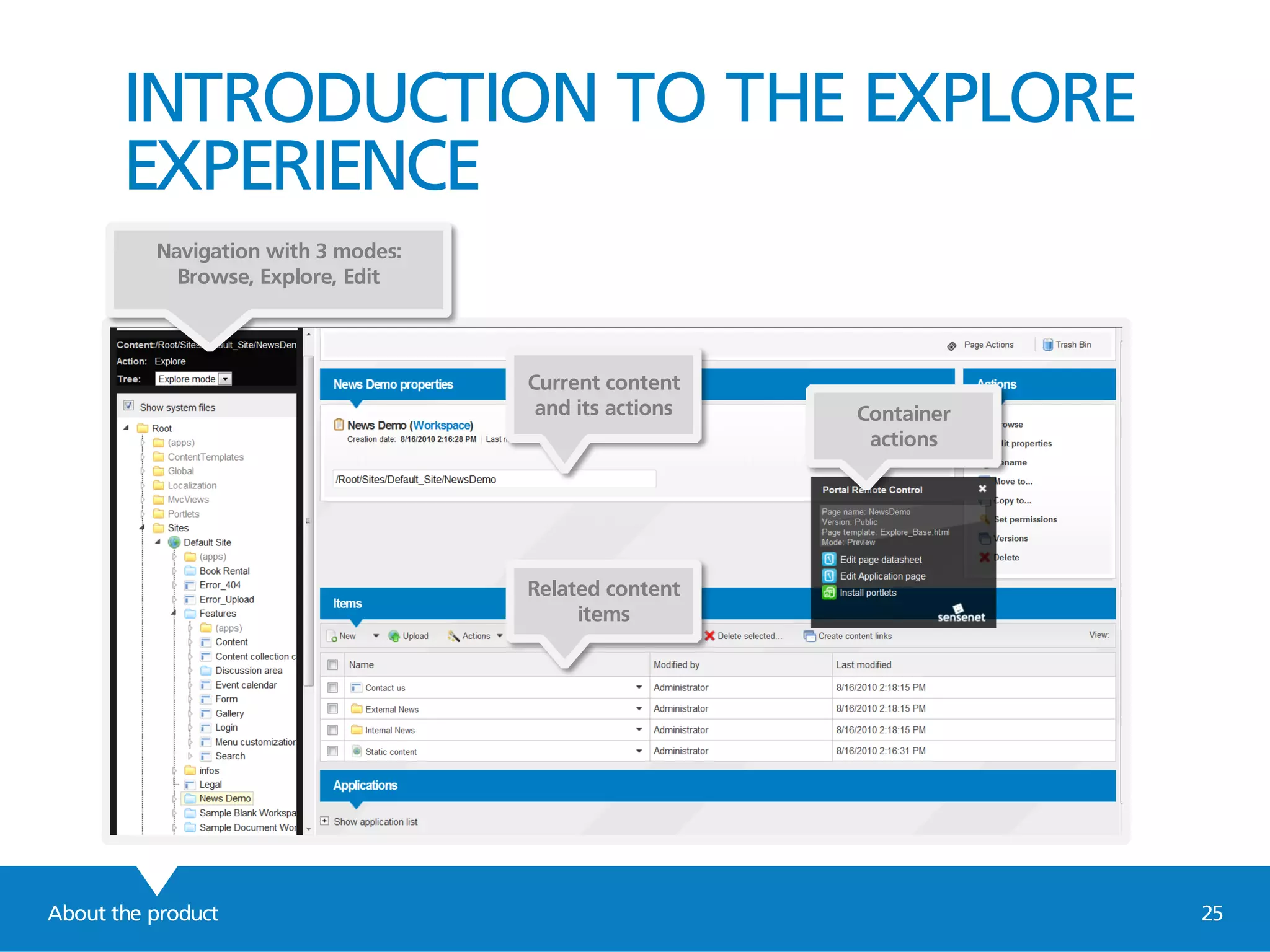 About the product 25
INTRODUCTION TO THE EXPLORE
EXPERIENCE
Navigation with 3 modes:
Browse, Explore, Edit
Current content
and its actions Container
actions
Related content
items
 