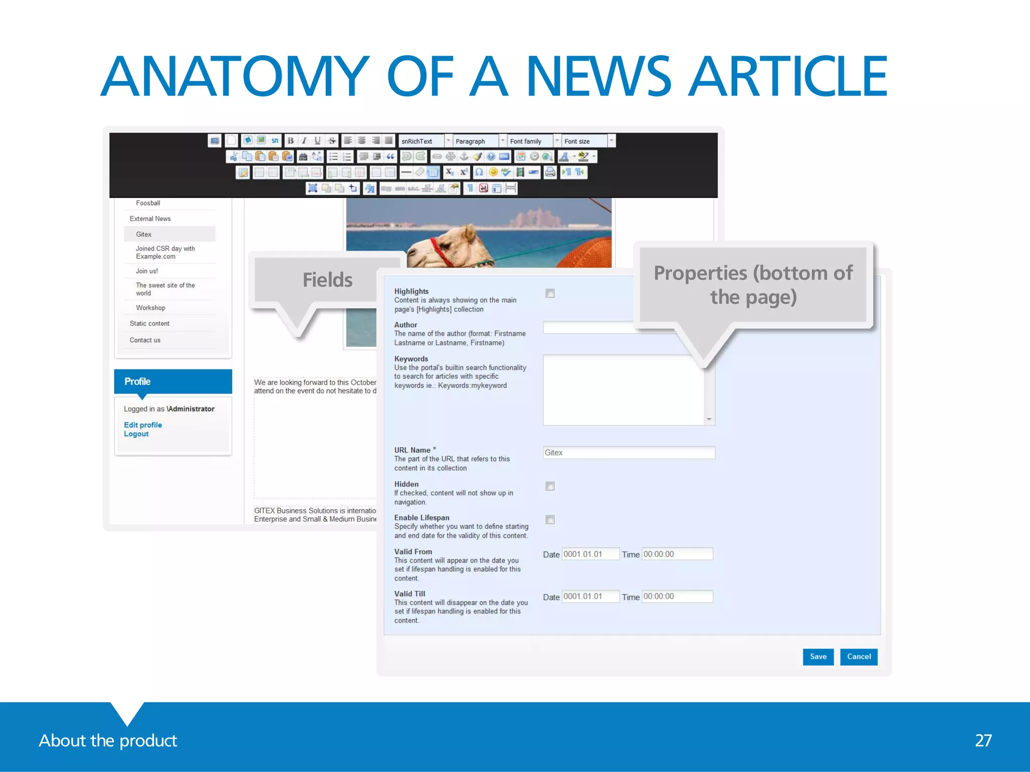 About the product 27
ANATOMY OF A NEWS ARTICLE
Fields Properties (bottom of
the page)
 