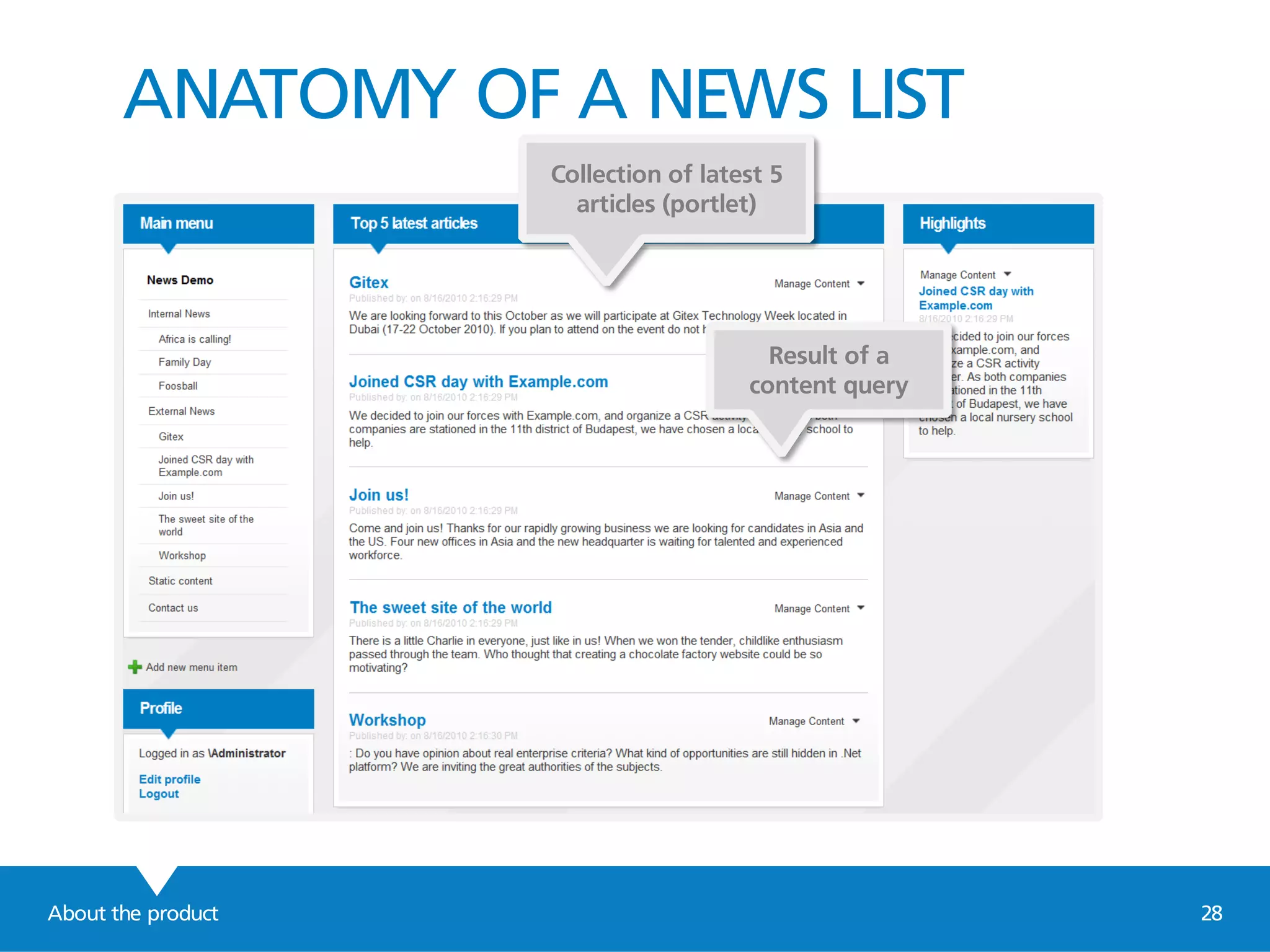 About the product 28
ANATOMY OF A NEWS LIST
Collection of latest 5
articles (portlet)
Result of a
content query
 