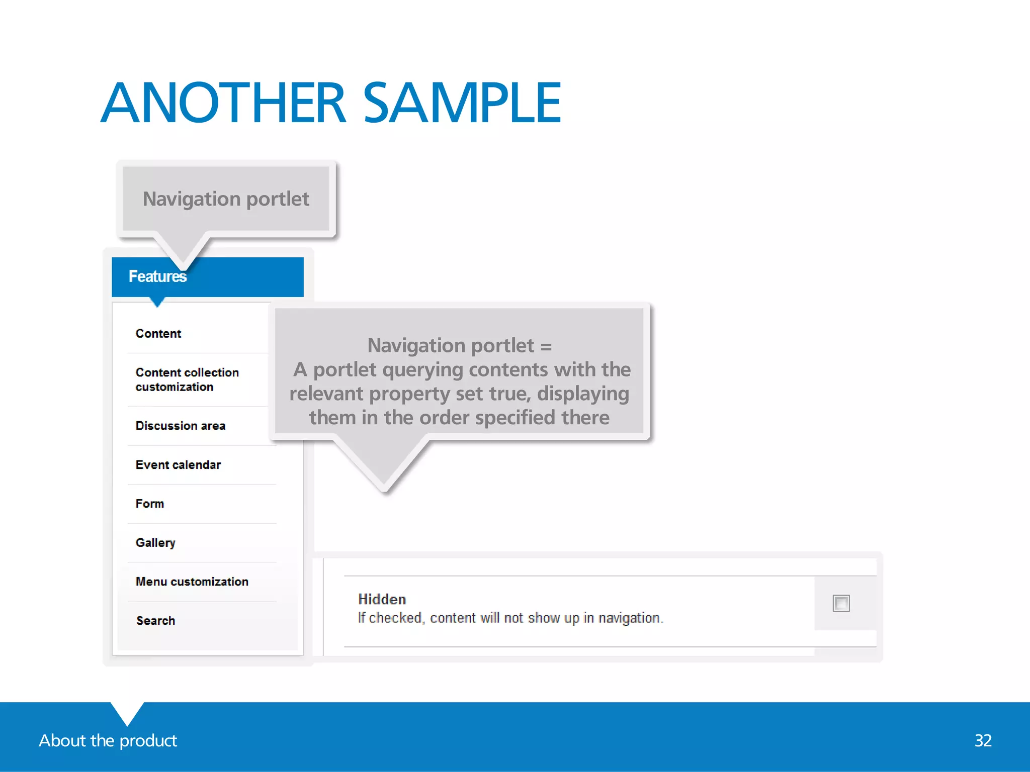ANOTHER SAMPLE
About the product 32
Navigation portlet
Navigation portlet =
A portlet querying contents with the
relevant property set true, displaying
them in the order specified there
 