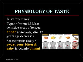 PHYSIOLOGY OF TASTE
 Gustatory stimuli.
 Types of stimuli & Most
sensitive areas of tongue.
 10000 taste buds, after 45
years age decreases
 Sensations basically 4 –
sweat, sour, bitter &
salty & recently Umami.
Thursday, June 14, 2018
 