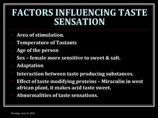 FACTORS INFLUENCING TASTE
SENSATION
Thursday, June 14, 2018








Area of stimulation.
Temperature of Tastants
Age of the person
Sex – female more sensitive to sweet & salt.
Adaptation
Interaction between taste producing substances.
Effect of taste modifying proteins – Miraculin in west
african plant, it makes acid taste sweet.
Abnormalities of taste sensations.
 