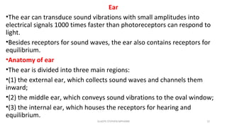 Ear
•The ear can transduce sound vibrations with small amplitudes into
electrical signals 1000 times faster than photoreceptors can respond to
light.
•Besides receptors for sound waves, the ear also contains receptors for
equilibrium.
•Anatomy of ear
•The ear is divided into three main regions:
•(1) the external ear, which collects sound waves and channels them
inward;
•(2) the middle ear, which conveys sound vibrations to the oval window;
•(3) the internal ear, which houses the receptors for hearing and
equilibrium.
GLADYS STEPHEN MPHARM 12
 