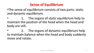Sense of Equilibrium
•The sense of equilibrium consists of two parts: static
and dynamic equilibrium.
• 1. The organs of static equilibrium help to
maintain the position of the head when the head and
body are still.
• 2. The organs of dynamic equilibrium help
to maintain balance when the head and body suddenly
move and rotate.
GLADYS STEPHEN MPHARM 18
 