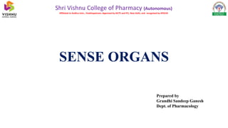 SENSE ORGANS
Shri Vishnu College of Pharmacy (Autonomous)
Affiliated to Andhra Univ., Visakhapatnam; Approved by AICTE and PCI, New Delhi, and recognised by APSCHE
Prepared by
Grandhi Sandeep Ganesh
Dept. of Pharmacology
 
