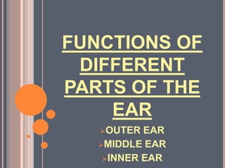 FUNCTIONS OF
DIFFERENT
PARTS OF THE
EAR
OUTER EAR
MIDDLE EAR
INNER EAR
 