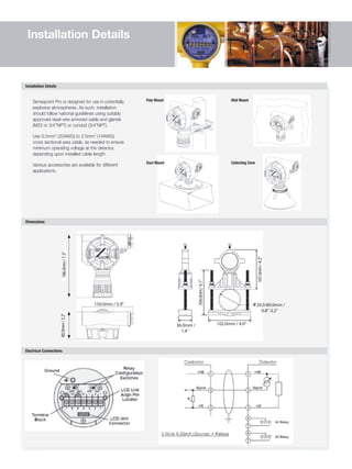 Installation Details
Installation Details
Sensepoint Pro is designed for use in potentially
explosive atmospheres. As such, installation
should follow national guidelines using suitably
approved steel wire armored cable and glands
(M20 or 3/4”NPT) or conduit (3/4”NPT).
Use 0.5mm2
(20AWG) to 2.5mm
2
(14AWG)
cross sectional area cable, as needed to ensure
minimum operating voltage at the detector,
depending upon installed cable length.
Various accessories are available for different
applications.
Poie Mount Wall Mount
Duct Mount Collecting Cone
Dimensions
Electrical Connections
150.0mm / 5.9"
150.0mm / 5.9"
36.0mm
36.0mm /
/
1.4"
1.4"
102.0mm / 4.0"
102.0mm / 4.0"
"
"
1
1
.
.
4
4
/
/
m
m
m
m
m
m
mm
m
0
0
.
.
4
4
0
0
4
4
04
4
1
1
20.0-80.0mm
20.0-80.0mm
20.0-80.0mm
20.0-80.0mm /
/
0.8"-3.2"
0.8"-3.2"
0.8"-3.2"
0.8"-3.2"
"
"
2
2
.
.
4
4
/
/
m
m
m
m
m
m
mm
m
0
0
.
.
7
7
0
0
1
1
"
"
3
3
.
.
7
7
/
/
m
m
m
m
m
m
mm
m
0
0
.
.
6
6
8
8
1
1
"
"
"
"
2
2
2
2
.
.
3
3
3
3
/
/
/
/
m
m
m
m
m
m
mm
m
0
0
0
0
.
.
0
0
0
0
8
8
8
8
 