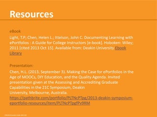 Resources
eBook
Light, T.P; Chen, Helen L.; Ittelson, John C. Documenting Learning with
ePortfolios : A Guide for College Instructors [e-book]. Hoboken: Wiley;
2011 [cited 2013 Oct 15]. Available from: Deakin University Ebook
Library

Presentation:
Chen, H.L. (2013, September 3). Making the Case for ePortfolios in the
Age of MOOCs, DIY Education, and the Quality Agenda. Invited
presentation given at the Assessing and Accrediting Graduate
Capabilities in the 21C Symposium, Deakin University, Melbourne,
Australia. https://pathbrite.com/portfolio/PLTNcPTpg/2013-deakinsymposium-eportfolio-resources/item/PLTNcPTpgfPv9RM

CRICOS Provider Code: 00113B

 