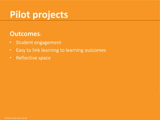 Pilot projects
Outcomes:
• Student engagement
• Easy to link learning to learning outcomes
• Reflective space

CRICOS Provider Code: 00113B

 