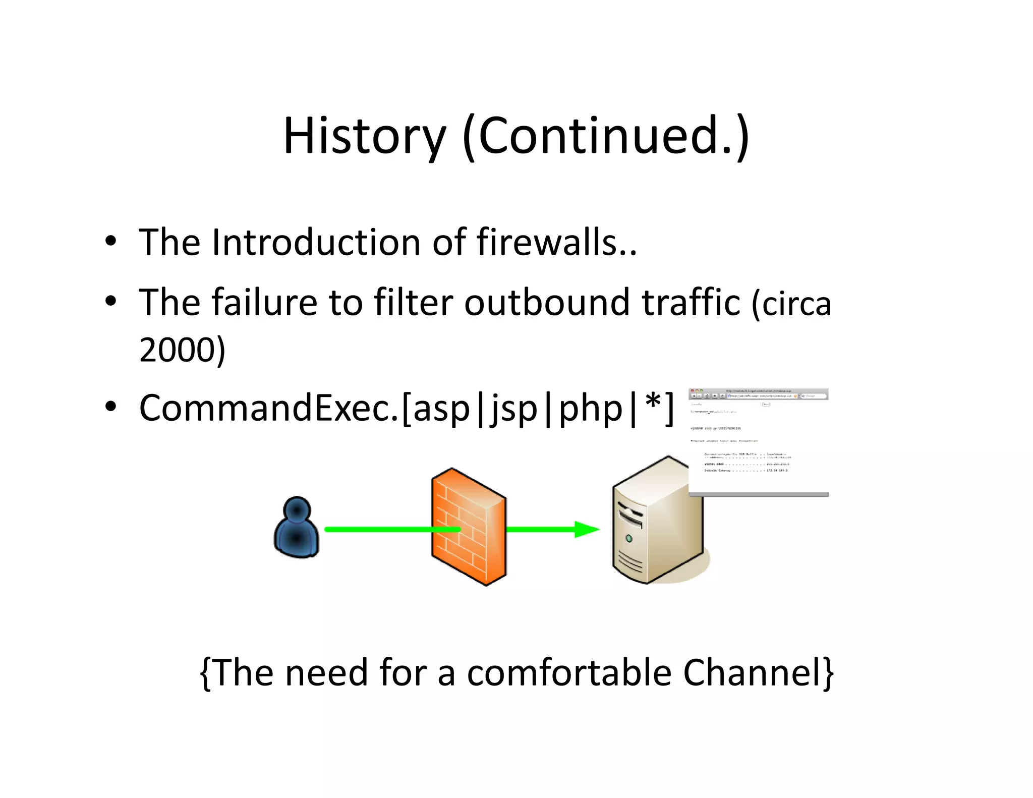 History (Continued.)
           History (Continued.)
• The Introduction of firewalls
  The Introduction of firewalls..
• The failure to filter outbound traffic (circa 
  2000)
• CommandExec.[asp|jsp|php|*]




      {The need for a comfortable Channel}
 