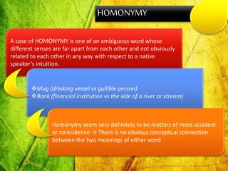 HOMONYMY
A case of HOMONYMY is one of an ambiguous word whose
different senses are far apart from each other and not obviously
related to each other in any way with respect to a native
speaker’s intuition.
Mug (drinking vessel vs gullible person)
Bank (financial institution vs the side of a river or stream)
Homonymy seem very definitely to be matters of mere accident
or coincidence → There is no obvious conceptual connection
between the two meanings of either word
 