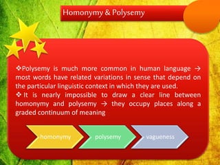 Homonymy & Polysemy
Polysemy is much more common in human language →
most words have related variations in sense that depend on
the particular linguistic context in which they are used.
 It is nearly impossible to draw a clear line between
homonymy and polysemy → they occupy places along a
graded continuum of meaning
homonymy polysemy vagueness
 