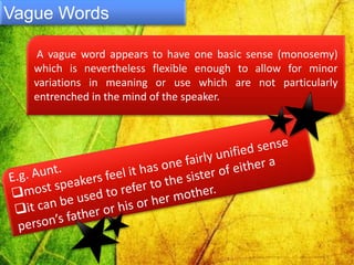 Vague Words
A vague word appears to have one basic sense (monosemy)
which is nevertheless flexible enough to allow for minor
variations in meaning or use which are not particularly
entrenched in the mind of the speaker.
 
