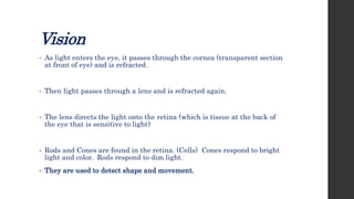 Vision
• As light enters the eye, it passes through the cornea (transparent section
at front of eye) and is refracted.
• Then light passes through a lens and is refracted again.
• The lens directs the light onto the retina (which is tissue at the back of
the eye that is sensitive to light)
• Rods and Cones are found in the retina. (Cells) Cones respond to bright
light and color. Rods respond to dim light.
• They are used to detect shape and movement.
 