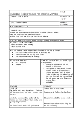 DEVELOPING ENGLISH THROUGH ART ORIENTED ACTIVITIES
LESSON PLAN: SENSES RESOURCES:
LEVEL: ELEMENTARY LESSON
NUMBER: 2
AGE OF STUDENTS: 9.
GENERAL GOALS:
Students will hear and than say some words for sounds (vehicles, nature…)
They will learn some facts about scratchboard.
Students draw a bird and at the end tell somethin about it.
VOCABULARY: a car, a plane, a train, the dog is barking, an ambulance, a bird
REQUIRED PRE KNOWLEDGE:
General vocabulary (bird, drawing…)
General speaking skills
SPECIFIC OBJECTIVES (specify skills / information that will be learned):
Hear some sounds and students tell us what they hear.
Learn new words and they say some sounds.
Draw speak about senses in paintings
MATERIALS NEEDED:
IWB + projector
Computer
OTER MATERIALS NEEDED: (realia, apps
or programmes):
Powerpoint presentation »art and
senses« for the teacher
Black paper for scratchboard for each
student: a sheet of (glossy) paper is
covered with a thick layer of crayon
(white or colourful) then with a layer of
black tint. Optional, you can mix black
tint with an egg and cover the crayon
covered sheet.
toothpicks
TEACHER STUDENT
LEAD IN
The teacher gives some instructions: Today we
will hear some voices and you try to guess what
they are.
Checks the answers and the teacher tells the
students new words and show them on the table
(powerpoint presentation.
The teacher shows them a bird. (powerpoint
Student listen to some sounds.
Students say in English what they hear.
Students tell: A bird has an ear, a beak …
Students listen and say words. They use
the new vocabulary.