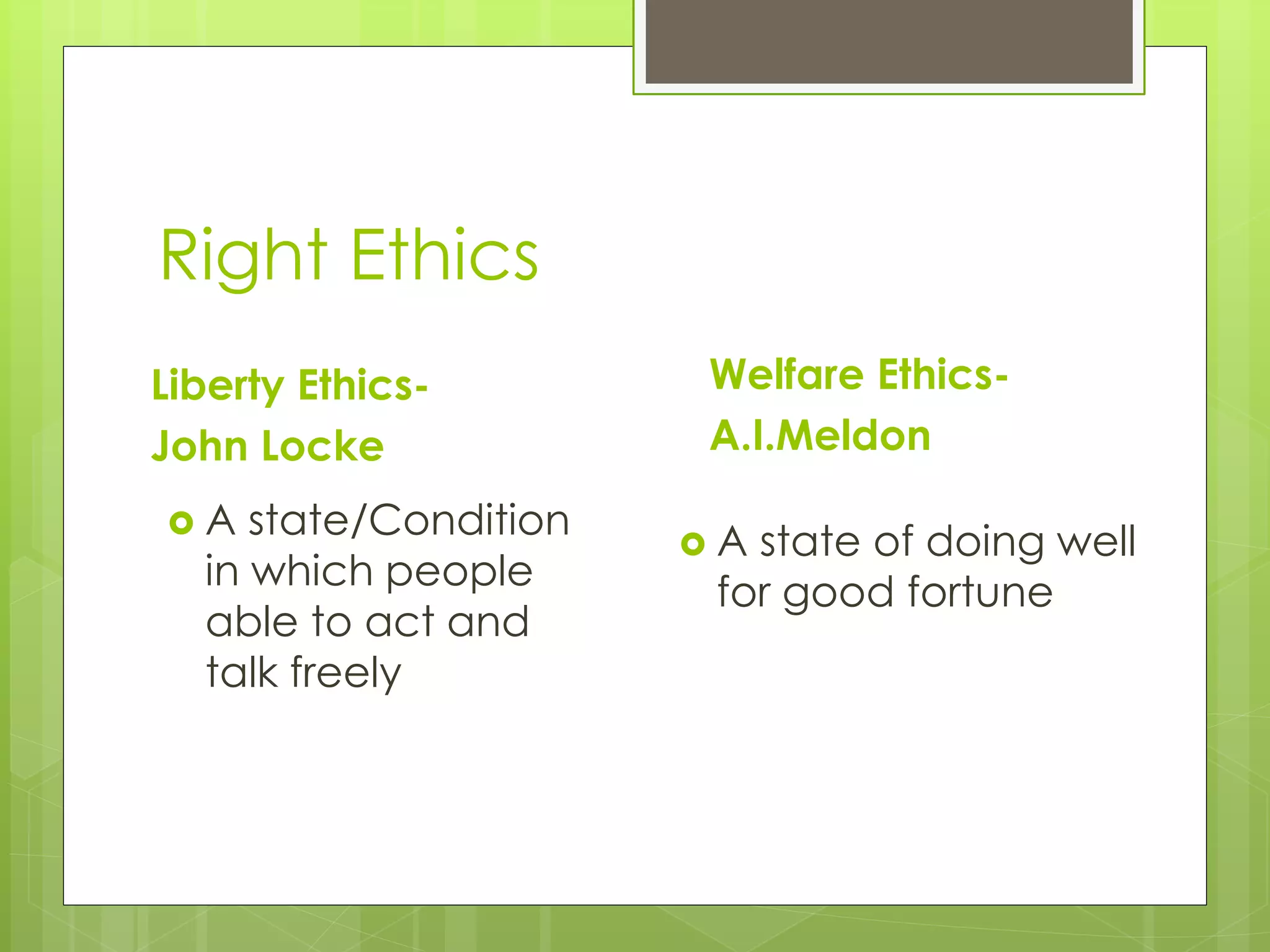 Right Ethics
Liberty Ethics-
John Locke
 A state/Condition
in which people
able to act and
talk freely
Welfare Ethics-
A.I.Meldon
 A state of doing well
for good fortune
 