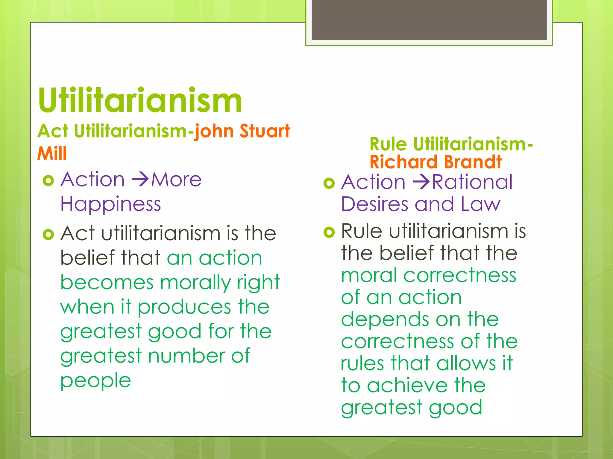 Utilitarianism
Act Utilitarianism-john Stuart
Mill
 Action More
Happiness
 Act utilitarianism is the
belief that an action
becomes morally right
when it produces the
greatest good for the
greatest number of
people
Rule Utilitarianism-
Richard Brandt
 Action Rational
Desires and Law
 Rule utilitarianism is
the belief that the
moral correctness
of an action
depends on the
correctness of the
rules that allows it
to achieve the
greatest good
 