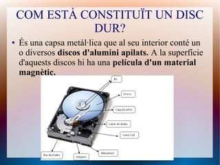 COM ESTÀ CONSTITUÏT UN DISC 
DUR? 
● És una capsa metàl·lica que al seu interior conté un 
o diversos discos d'alumini apilats. A la superfície 
d'aquests discos hi ha una película d'un material 
magnètic. 
 
