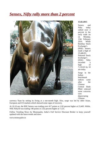 Sensex, Nifty rally more than 2 percent
15.02.2015
Sensex and
Nifty today
rallied over 2
percent in the
early trade on
on Monday,
15th February
2016. While
Bombay Stock
Exchange’s
(BSE) Sensex
made a high of
23,446.81,
National Stock
Exchange’s
(NSE) Nifty
recorded a
high of
7,133.65 by 10
am today.
Surge in the
Indian
benchmark
indices came
after the
Chinese
Central Bank
PBoC relieved
some concerns
over
depreciating
Chinese
currency Yuan by setting its fixing at a one-month high. Also, surge was led by other Asian,
European and US markets which showed some signs of recovery.
At 10.10 am, the BSE Sensex was trading over 417 points or 1.82 percent higher at 23,405. While,
NSE Nifty50 was trading 140 points or 2.02 percent higher at 7,121.
Follow Trending News by Moneypalm, India’s Full Service Discount Broker to keep yourself
updated with the latest trends and news
www.moneypalm.in
 
