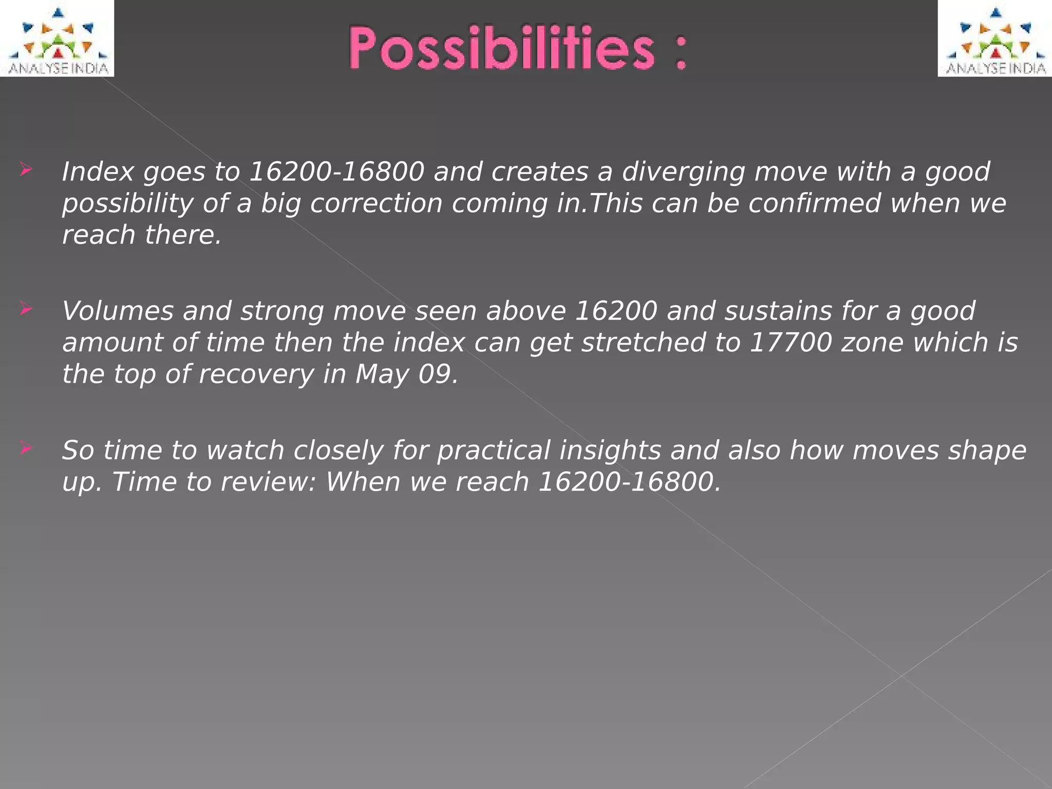    Index goes to 16200-16800 and creates a diverging move with a good
    possibility of a big correction coming in.This can be confirmed when we
    reach there. 

   Volumes and strong move seen above 16200 and sustains for a good
    amount of time then the index can get stretched to 17700 zone which is
    the top of recovery in May 09. 
 
   So time to watch closely for practical insights and also how moves shape
    up. Time to review: When we reach 16200-16800. 
 