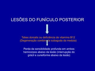 LESÕES DO FUNÍCULO POSTERIOR
Tabes dorsalis ou deficiência de vitamina B12
(Degeneração combinada subaguda da medula)
Perda da sensibilidade profunda em ambos
hemicorpos abaixo da lesão (interrupção do
grácil e cuneiforme abaixo da lesão)
 