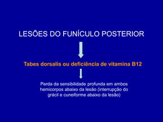LESÕES DO FUNÍCULO POSTERIOR
Tabes dorsalis ou deficiência de vitamina B12
Perda da sensibilidade profunda em ambos
hemicorpos abaixo da lesão (interrupção do
grácil e cuneiforme abaixo da lesão)
 