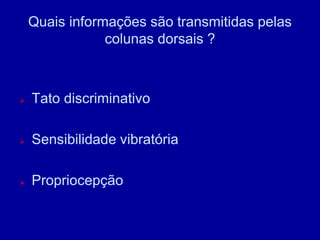 Quais informações são transmitidas pelas
colunas dorsais ?
 Tato discriminativo
 Sensibilidade vibratória
 Propriocepção
 