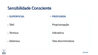 MFMM
Sensibilidade Consciente
• SUPERFICIAL
 Tátil
 Térmica
 Dolorosa
• PROFUNDA
 Propriocepção
 Vibratória
 Tato discriminativo
 