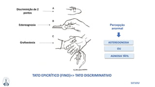 MFMM
ASTEREOGNOSIA
AGNOSIA TÁTIL
OU
Percepção
anormal
Discriminição de 2
pontos
Estereognosia
Grafoestesia
TATO EPICRÍTICO (FINO)=> TATO DISCRIMINATIVO
 