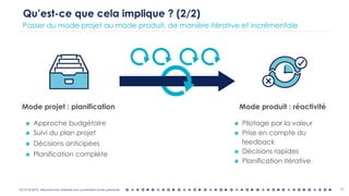 OCTO © 2018 - Reproduction interdite sans autorisation écrite préalable 11
Qu’est-ce que cela implique ? (2/2)
Passer du mode projet au mode produit, de manière itérative et incrémentale
Mode projet : planification Mode produit : réactivité
◉ Pilotage par la valeur
◉ Prise en compte du
feedback
◉ Décisions rapides
◉ Planification itérative
◉ Approche budgétaire
◉ Suivi du plan projet
◉ Décisions anticipées
◉ Planification complète
 