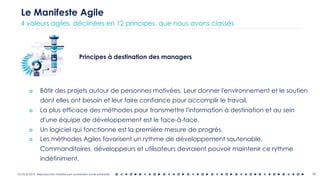 OCTO © 2018 - Reproduction interdite sans autorisation écrite préalable 16
Le Manifeste Agile
4 valeurs agiles, déclinées en 12 principes, que nous avons classés
Principes à destination des managers
๏ Bâtir des projets autour de personnes motivées. Leur donner l'environnement et le soutien
dont elles ont besoin et leur faire confiance pour accomplir le travail.
๏ La plus efficace des méthodes pour transmettre l'information à destination et au sein
d'une équipe de développement est le face-à-face.
๏ Un logiciel qui fonctionne est la première mesure de progrès.
๏ Les méthodes Agiles favorisent un rythme de développement soutenable.
Commanditaires, développeurs et utilisateurs devraient pouvoir maintenir ce rythme
indéfiniment.
 