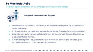 OCTO © 2018 - Reproduction interdite sans autorisation écrite préalable 17
Le Manifeste Agile
4 valeurs agiles, déclinées en 12 principes, que nous avons classés
Principes à destination des équipes
๏ Une attention constante à l'excellence technique et à la qualité de la conception
améliore l'agilité.
๏ La simplicité - l'art de maximiser la quantité de travail à ne pas faire - est essentielle.
๏ Les meilleures architectures, spécifications et conceptions sont issues d'équipes qui
s’organisent elles-mêmes.
๏ À intervalle régulier, l'équipe réfléchit aux moyens de devenir plus efficace, puis
modifie et ajuste son comportement dans ce sens.
 