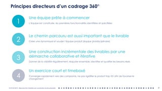 OCTO © 2018 - Reproduction interdite sans autorisation écrite préalable 21
Principes directeurs d’un cadrage 360°
1
2
3
4
Une équipe prête à commencer
L’équipe est constituée, les premières fonctionnalités identifiées et spécifiées
Le chemin parcouru est aussi important que le livrable
Créer une dynamique et souder l’équipe produit (équipe pluridisciplinaire)
Une construction incrémentale des livrables par une
démarche collaborative et itérative
Donner de la visibilité régulièrement, réajuster ensemble, identifier et qualifier les besoins réels
Un exercice court et timeboxé
Converger rapidement vers des compromis, ne pas rigidifier le produit trop tôt afin de favoriser le
changement
 