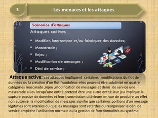 Attaque active: ces attaques impliquent certaines modifications du flot de
données ou la création d'un flot frauduleux elles peuvent être subdivisé en quatre
catégories mascarade ,rejeu ,modification de messages et dénis de service une
mascarade a lieu lorsqu'une entité prétend être une autre entité leur jeu implique la
capture passive de données et leur transmission ultérieure en vue de produire un effet
non autorisé la modification de messages signifie que certaines portions d'un message
légitimes sont altérées ou que les messages sont retardés ou réorganiser le déni de
service empêche l'utilisation normale ou la gestion de fonctionnalités du système
 